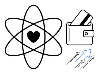 Atomik yapının içindeki kalp, kredi kartı tutan cüzdan ve yukarı bakan mavi oklar. Finansal büyüme, aşk, denge, başarı, modern yaşam refahı ve hırs kavramları için idealdir. Satır metaforu