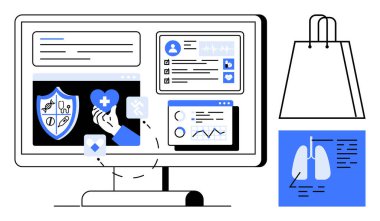 Bilgisayar monitörü sağlık verileri, kalp ve kalkan ikonları ve analizleriyle tıbbi arayüz gösteriyor. Ayrıca, alışveriş torbası ve akciğer diyagramı. Teletıp için ideal, e-ticaret, sağlık uygulamaları, tıbbi