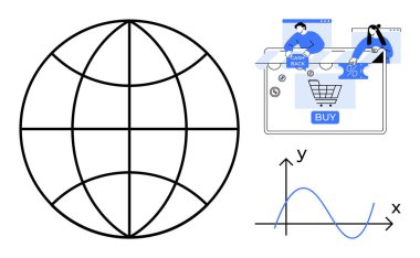 Globe wireframe, two people shopping online with cashback rewards, and a graph with x and y axes. Ideal for e-commerce, global trade, digital marketing, consumer behavior, financial analysis, data clipart