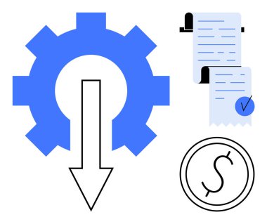 Aşağıya bakan bir ok, işaretli faturalar veya makbuzlar ve para birimi sembolü olan mavi bir dişli. İş otomasyonu, maliyet azaltma, finans yönetimi, muhasebe ve süreç için ideal
