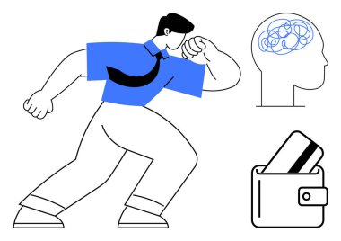 Mavi gömlekli ve siyah kravatlı bir adam sıkı bir yumrukla koşuyor. Kararlılığını gösteriyor. Karalamalı beyin çizimleri ve içinde kredi kartları olan bir cüzdan. İş, finans ve motivasyon için ideal