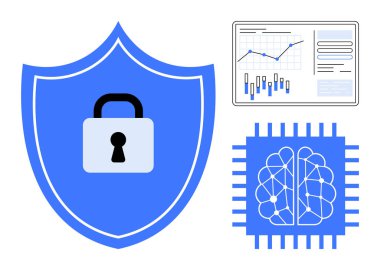 Kilit simgesi, bilgisayar çipi ve siber güvenlik, veri şifreleme ve veri analizlerini gösteren veri şeması olan bir kalkan. Veri güvenliği, dijital mahremiyet, çevrimiçi koruma ve teknoloji için ideal