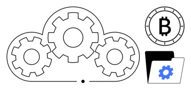 Sinerji ve otomasyonu simgeleyen vitesli bulut, Bitcoin kripto para ve dişli simgesi olan klasör. Teknoloji, finans, bulut hesaplama, otomasyon, kripto madenciliği, veri için ideal