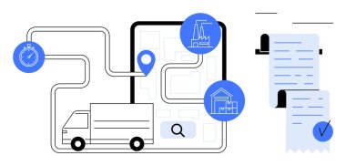 Bir lojistik kamyonu, bir depo ve imalat tesisinin ikonlarıyla haritadaki bir rotayı takip ediyor. Yanında bir kontrol listesi ya da makbuz var. Lojistik yönetimi, tedarik zinciri, rota planlaması için ideal
