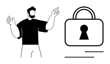 Güvenliği simgeleyen asma kilide doğru hareket eden bir adam. Siber güvenlik, veri koruması, çevrimiçi güvenlik, mahremiyet, güvenli işlemler, bilişim güvenlik eğitimi ve güvenlik talimatları için ideal. Çizgi