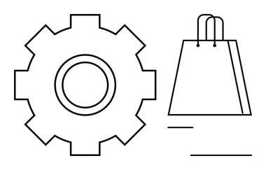 Minimalist sanat tarzında vites ve alışveriş çantası. E-ticaret, perakende, alışveriş, teknoloji, otomasyon, iş ve lojistik temalar için ideal. Satır metaforu