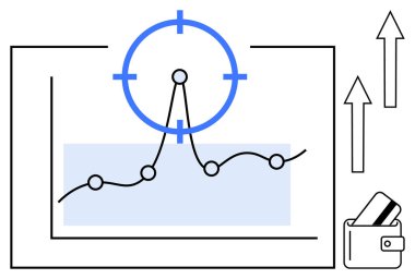 Finansal tablolarda büyüme eğilimi, tepe noktasında hedef, cüzdanda kredi kartları ve yukarı doğru oklar. Mali planlama, yatırımlar, tasarruf stratejileri, ekonomik analiz, bütçe planlaması için ideal