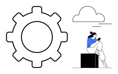 Bulutun altında tablet kullanarak bir blokta oturan kişinin yanında büyük vites şeklinde. Teknoloji, yenilik, süreç, üretkenlik, dijital öğrenme, otomasyon, uzaktan çalışma için idealdir. Satır metaforu