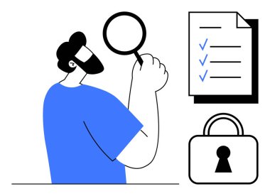 Bireyin elinde büyüteç var, üzerinde kontrol işaretleri olan bir belgeyi inceliyor. Yakınlardaki asma kilit güvenliği simgeliyor. Kalite kontrolü, güvenlik denetimleri, mahremiyet, veri koruması konuları için ideal