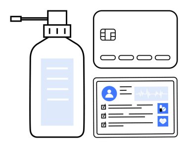 Dezenfektan şişesi, kredi kartı, profilli sağlık uygulaması, EKG, kontrol listesi, kalp sembolü. Sağlık, finans, hijyen, tıbbi teknoloji ve günlük rutinler için idealdir. Satır metaforu