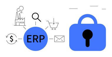 ERP sistemi fabrika, büyüteç, alışveriş arabası, para ve posta için birbirine bağlı ikonlar ile merkezi daire tarafından temsil edilir. Sağdaki mavi asma kilit kaynaktaki güvenliğe odaklandığını gösterir