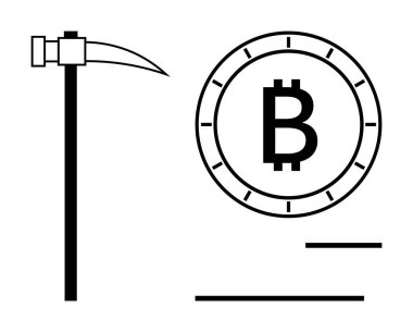 Pickaxe beside Bitcoin coin with B symbol in circle frame. Ideal for cryptocurrency, blockchain, digital finance, investment, mining, fintech, technology education. Line metaphor clipart