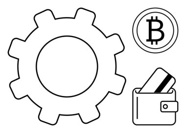 Vites sembolü, Bitcoin sembolü ve dijital finans ve teknoloji entegrasyonunu tasvir eden kredi kartlı cüzdan. Fintech, kripto para birimi, engelleme zinciri, e-ticaret, finansal planlama, teknoloji için ideal