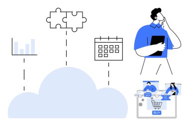 Bulut çözümleri, çeşitli elementlerin entegrasyonu üzerine kafa yoran işadamı bir grafik, takvim, bulmaca parçaları ve online alışverişi onayladı. Teknoloji, bulut hesaplama, iş planlaması için ideal