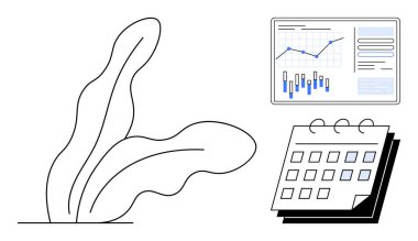 Monitörde çizgi ve çubuk grafikleri olan iş grafikleri, takvim gösterim tarihleri ve soyut bitki şekilleri. İş planlaması, zaman yönetimi, strateji oturumları, proje zaman çizelgeleri, büyüme için ideal