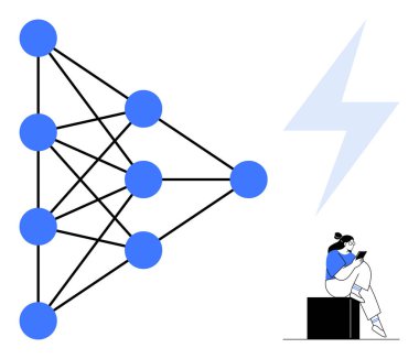 Birbirine bağlı mavi düğümlü sinirsel ağ diyagramı, bir yıldırım simgesi ve tablet kullanan bir kişi. AI, makine öğrenimi, teknoloji, yenilik, veri analizi, eğitim ve modern için ideal