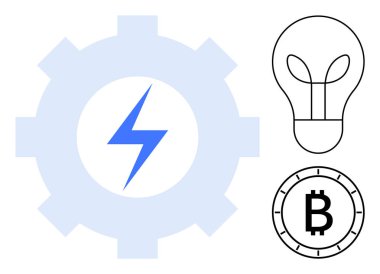 Mavi yıldırımlı açık mavi dişli, siyah çizgili ampul ve bitcoin sembollü. Enerji, teknoloji, yenilik, kripto para birimi, yenilenebilir enerji, başlangıç ve dijital dönüşüm için ideal