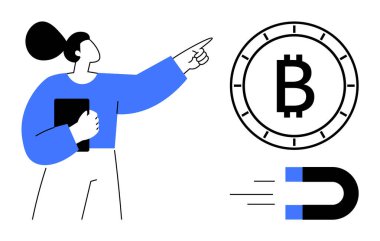 Kadın elinde tablet tutarken Bitcoin sembolünü işaret ediyor, mıknatıs onu çekiyor. Kripto para birimi, engelleme zinciri, finans, dijital işlemler, yatırım, teknoloji eğilimleri ve eğitim içeriği için ideal