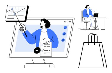 Çevrimiçi ders veren kişi, veri tablosu, bilgisayardaki uzaktan çalışan, alışveriş torbası. Eğitim, uzaktan çalışma, e-ticaret, teknoloji çevrimiçi toplantılar alışveriş trendleri modern iletişim için idealdir. Çizgi