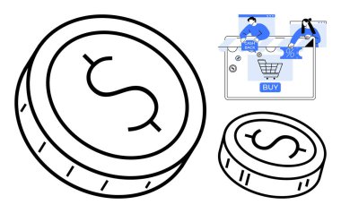 Dolar işaretli büyük para ve daha küçük bozuk para. İnsanlar nakit para ve internetten alışveriş yapıyor. E-ticaret, dijital işlemler, çevrimiçi ödemeler, perakende pazarlama, finansal planlama, müşteri