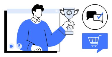 Sanal bir toplantı sırasında elinde kupa tutan bir adam. İşaretli sohbet baloncuğu ve alışveriş arabası simgelerini içerir. Çevrimiçi tanıma, sanal olaylar, e-ticaret, iletişim, işbirliği için ideal