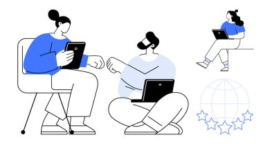 Dijital tabletler ve dizüstü bilgisayarlarla çalışan meslektaşlar el sıkışır ve birlikte otururlar. İş ekibi çalışması için ideal, dijital işbirliği, evden çalışma, uzaktan çalışma, çevrimiçi toplantılar