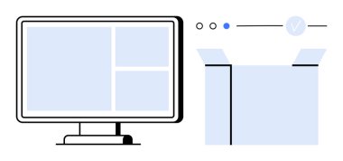 Üzerinde gezinen açık paket ve ilerleme göstergelerinin yanında bölünmüş ekran düzeni olan bilgisayar monitörü. Lojistik, e-ticaret, web tasarımı, ilerleme izleme, nakliye, dağıtım, proje için ideal