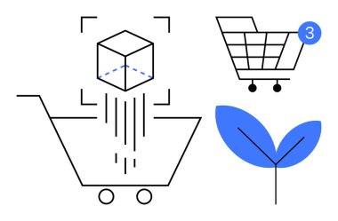 Alışveriş arabası, kübün sepete düşmesi, bildirim ikonlu el arabası, ve mavi yaprak. Dijital pazarlama, çevrimiçi alışveriş, e-ticaret, çevre dostu ürünler, envanter yönetimi tüketicisi için ideal