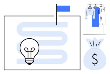 Ampul ve bayraklı yol haritası, bir yolculuğu gösteriyor. Para çantası finansal hedefleri sembolize eder. Giysi askılığı perakende veya moda endüstrisini temsil ediyor. İş stratejisi, planlama ve perakende için ideal