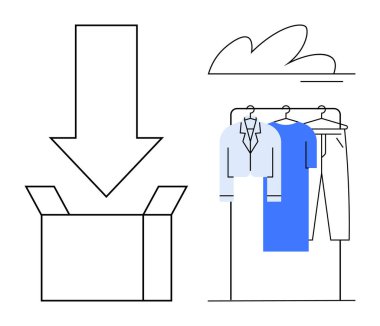 Aşağı doğru ok olan kutuda gömlek, pantolon ve ceketler de dahil olmak üzere giysiler var. Çevrimiçi alışveriş, taşınma, ütü, çamaşır, perakende kıyafet bağış deposu için ideal. Satır metaforu