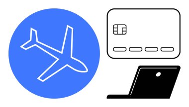 Mavi daireli uçak, çipli kredi kartı ve siyah laptop. Seyahat, online rezervasyon, e-ticaret, kredi kartı işlemleri, dijital ödemeler, uzaktan çalışma ve finansal güvenlik için ideal. Çizgi