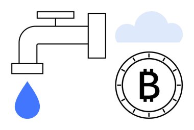 Bitcoin sembolü ve mavi bulutun yanına damlayan mavi su damlası. Kripto para birimi, engelleme zinciri, bulut hesaplama, fintech, dijital para birimi, internet gibi konular için idealdir. Satır metaforu