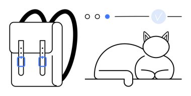 Backpack with double straps and buckles beside a relaxed cat drawing. Three progress dots, the middle one highlighted. Ideal for productivity, planning, travel, relaxation, minimalism, organization clipart