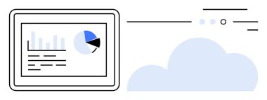 Bulut sembolü eşliğinde, çubuk ve pasta grafikleriyle veri analizlerini gösteren dijital tablet. Teknoloji, veri yönetimi, bulut hesaplama, iş analizleri, bilişim çözümleri, dijital