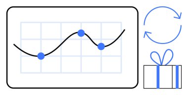 Veri noktaları, dairesel oklar ve hediye kutusu olan çizgi çizelgesi. İş büyümesi, performans takibi, sürekli iyileşme, ödül sistemleri, verimlilik analizi, müşteri sadakati, başarı için ideal