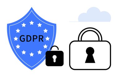 GDPR yazılı kalkan, küçük ve büyük kilit simgeleri ve bulut şekli. Veri koruması, gizlilik politikaları, siber güvenlik, düzenleme farkındalığı, çevrimiçi güvenlik, bilişim hizmetleri eğitim için ideal
