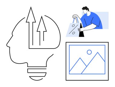 Yukarı bakan okları olan insan kafası, alışveriş torbaları taşıyan insan, dağlı ve güneşli manzara. Ticari büyüme, ticaret, yaratıcılık, yenilik ve eğitim için ideal