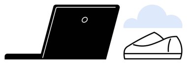 Kapalı siyah dizüstü bilgisayar, günlük ayakkabılar ve minimalist tasarımda mavi bulut. Uzaktan çalışma, dijital göçmenlik, telekomünikasyon, iş hayatı dengesi, modern çalışma alanları, serbest çalışma alanları, bilişim endüstrisi için idealdir. Çizgi