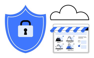 Cloud ve online alışveriş sitesinin yanındaki kilidi temsil eden bir kalkan. Siber güvenlik, çevrimiçi alışveriş, bulut çözümleri, veri koruması, e-ticaret güvenliği, bilgi güvenliği için ideal