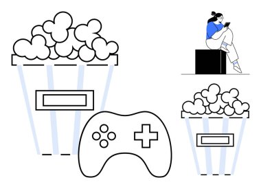 Oturan ve akıllı telefonuna bakan bir kadın, büyük bir oyun kumandası, iki patlamış mısır kovası. Oyun, eğlence, rahatlama, rahatlama, atıştırma teknolojisi için ideal bir zaman. Satır metaforu