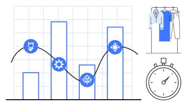Mevsimlik simgeler ve trend çizgileri olan bar tablosu. Giysi askılığı ve kronometre bağlam ekler. İş analizleri, mevsimlik eğilimler, moda endüstrisi, zaman yönetimi, planlama, büyüme analizleri için ideal
