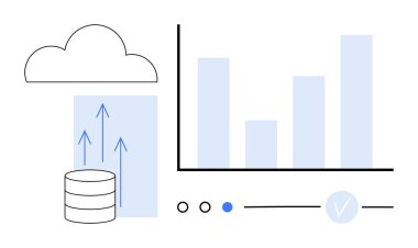 Veri transferini gösteren oklarla bir veritabanına bağlı bulut depolama simgesi, veri analizini, kontrol düğmelerini ve ilerleme göstergesini gösteren çubuk grafiği. Bulut hesaplama ve veri analizi için ideal