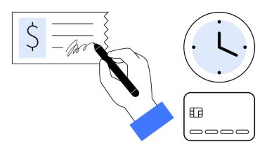 Çek imzalamak için tükenmez kalem, saati gösteren saat, ön planda kredi kartı. Finans, bankacılık, para yönetimi, ödeme işlemleri, son teslim tarihleri kişisel finans için idealdir. Çizgi