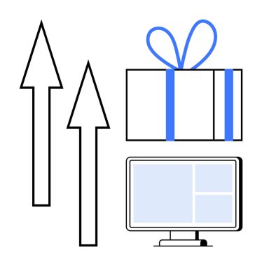 Bilgisayar monitörü, mavi kurdeleli hediye kutusu ve yukarı bakan iki ok. Pazarlama, e-ticaret, dijital büyüme, teknoloji ilerlemesi, ürün tanıtımı, çevrimiçi alışveriş için ideal