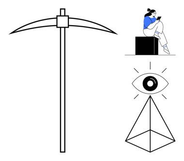 Büyük bir kazma, piramidin üzerinde bir göz ve küp üzerinde okuyan bir kadın. Çalışma, teknoloji, bilgi, eğitim, sembolizm, dönüşüm süreci için idealdir. Satır metaforu