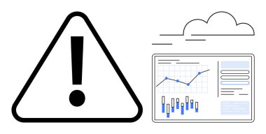 Grafikleri ve çizelgeleri olan bir veri raporunun yakınındaki siyah harfli ünlem uyarısı işareti, hareket gösteren çizgilerin bulunduğu bir bulutun altında. Veri izleme, güvenlik uyarıları, analizler, bulut depolama için ideal