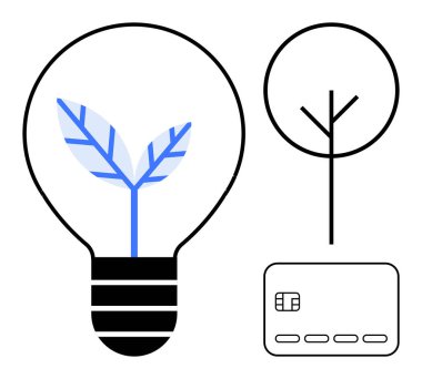 Büyüyen yapraklı ampul, basit ağaç ve kredi kartı. Sürdürülebilirlik, yeşil iş, eko-finans, yenilik, çevresel stratejiler yenilenebilir enerji temiz teknoloji için idealdir. Çizgi