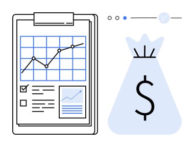 Not panosundaki grafikte kontrol listesi, belgeler ve büyük para çantası var. Finans, yatırım, iş refahı, kâr analizi, borsa, ekonomik büyüme finansal planlaması için idealdir. Çizgi