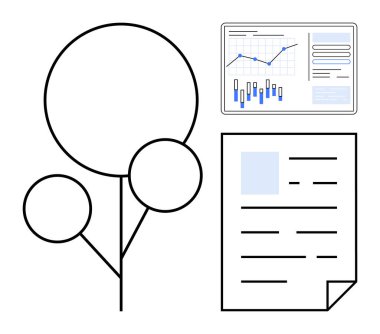 Diagram of tree with three round nodes, detailed bar and line graph, linear document with text. Ideal for business strategy, data analysis, report creation, project management, organizational clipart