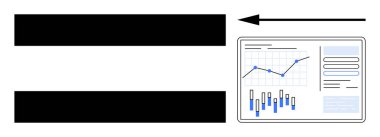 Siyah yatay çubuklar, tam ekranı gösteren bir ok, grafikler ve ızgara. Ticari büyüme, veri analizi, pazarlama stratejileri, mali ilerleme, raporlama için ideal